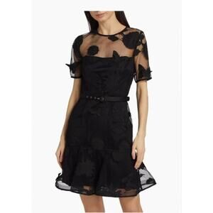 Milly Hannah Organza Belted Floral Embroidered Mini Dress Black Sheer Size 6 NEW
